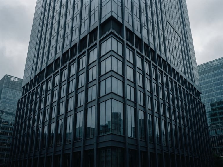 Architectural close-up of a modern financial district skyscraper corner, sharp geometric steel and glass lines, cool overcast daylight, desaturated slate tones, 35mm film photography