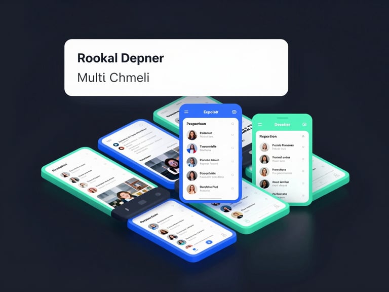 Sleek software UI rendering of a multi-channel social media dashboard in dark mode, showing a single prompt box transforming into five distinct, formatted post previews with vibrant electric blue and mint green borders, high-resolution digital graphic.