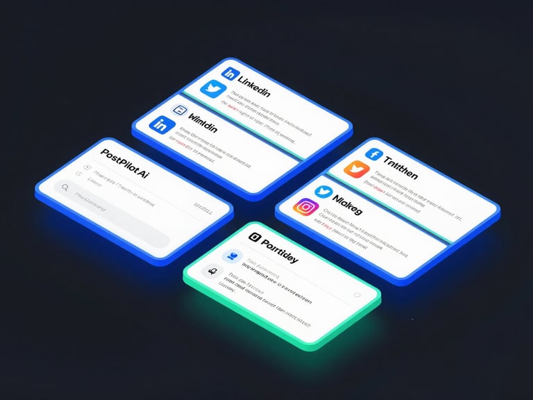 Sleek software UI rendering of the PostPilotAI dashboard in dark mode. A single prompt input box on the left transforms into five distinct preview cards for LinkedIn, Twitter, and Instagram on the right. Vibrant neon electric blue and mint green borders highlight the active pipelines. High-resolution digital graphic, isometric perspective.