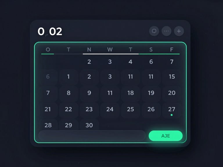 Sleek software UI rendering of a visual calendar dashboard in dark mode, showing scheduled posts with mint green borders, crisp vector details, isometric perspective.