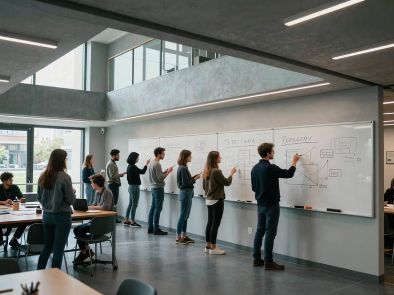 Wide panoramic shot of a collaborative workshop in a modern UK civic space, team members mapping out strategies on a whiteboard, cool undertones, architectural framing.