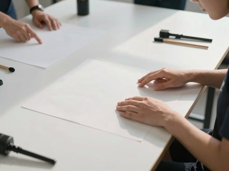 Wide shot of a training session in progress, right-bleed: a student's hands positioned over a practice surface while a second pair of hands points to a specific detail, clean studio workspace with minimal tools arranged on a white table, natural daylight from the right casting soft shadows, focus on the hands and work surface, no faces visible
