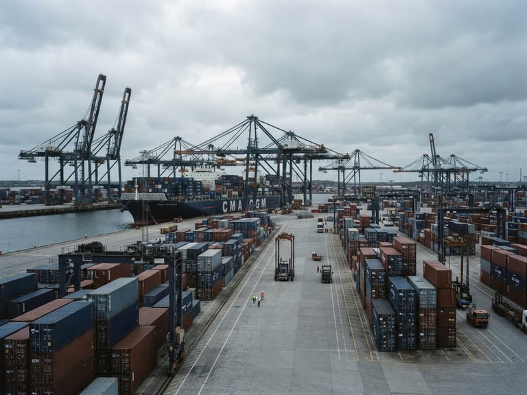 Wide architectural shot of a modern container terminal, cool overcast daylight, desaturated slate and steel tones, sharp focus, 35mm