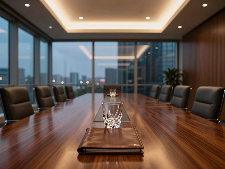 Wide interior of a premium executive conference room at dusk, long mahogany table with a single leather portfolio and crystal glass at center, floor-to-ceiling glass walls reflecting city lights, ambient warm light from recessed ceiling panels, shot from the far end of the table with telephoto compression, no people