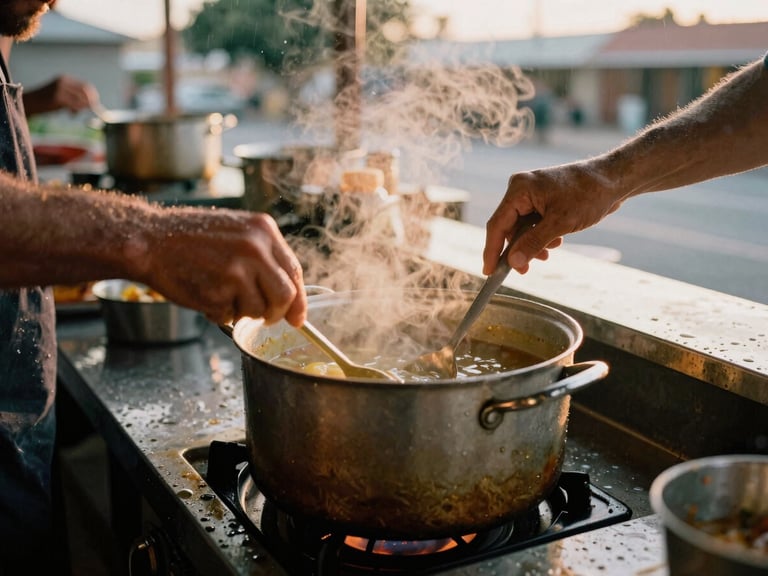 Hands serving warm soup from a large pot in a pop-up kitchen on a rainy night, Skid Row, documentary style.