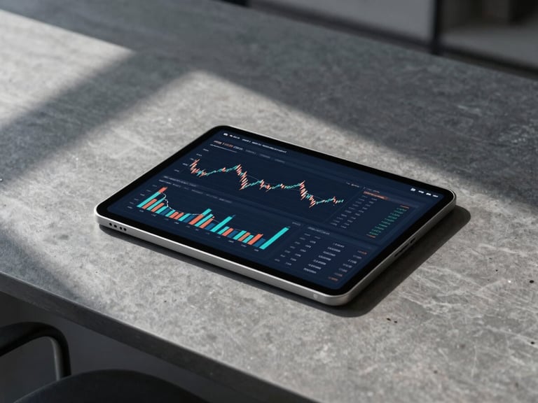 Sleek tablet on a modern slate-gray desk displaying crisp financial charts and graphs under sharp daylight shadows, 35mm