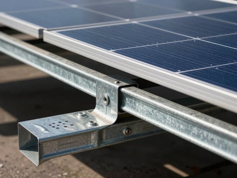 Technical close-up of robust hot-dip galvanized iron mounting structures holding monocrystalline solar panels, bright midday sun reflecting off the silicon texture.