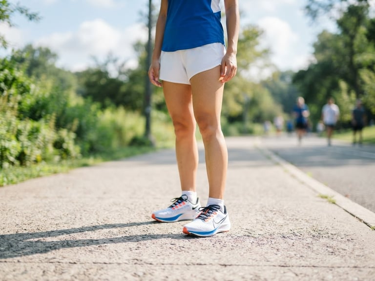 A person in clean running shoes standing on a bright morning pavement, soft shadow, crisp blue and white tones, shallow depth of field, 35mm