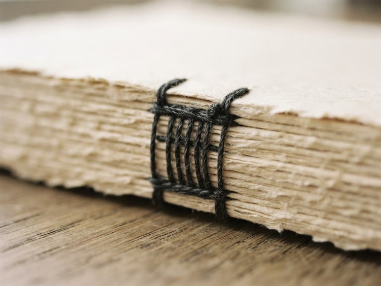 Macro shot of heavy cream-colored paper edge and linen binding threads under soft north-facing window light, 35mm photography