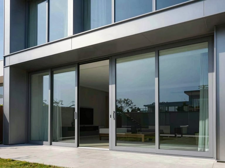 Architectural photography of a luxury modern house facade with massive minimalist sliding glass doors, sharp aluminum frame profiles, bright natural daylight, crisp reflections on the glass, wide-angle framing.