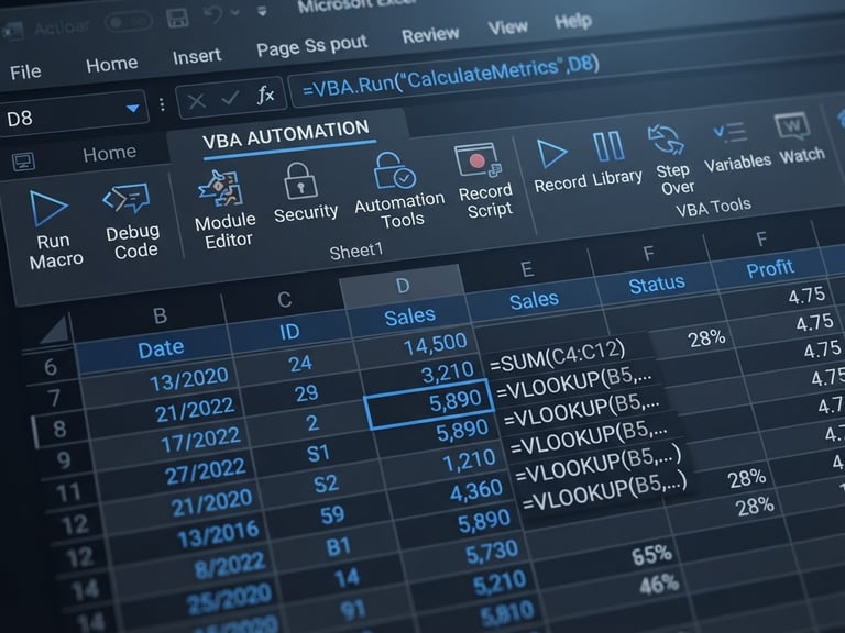Sleek software UI mockup of a dark-themed Excel spreadsheet with custom VBA automation ribbons, cool studio lighting, deep slate and electric blue tones, macro depth of field