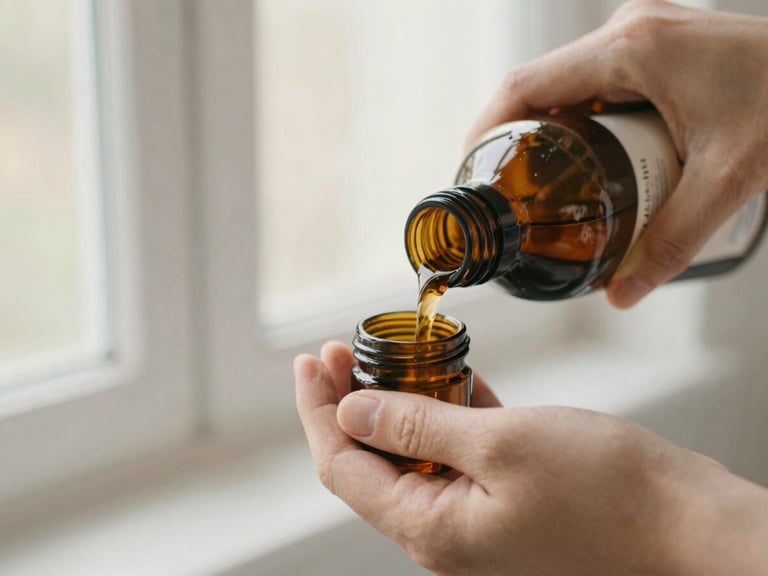 Close-up of hands pouring cedarwood laundry detergent from an amber glass bottle into a cap, soft morning light, shallow depth of field, 35mm