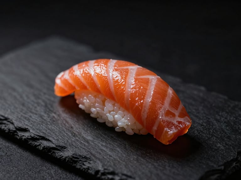Dramatic close-up of pristine salmon nigiri on a dark slate plate, soft side-lighting highlighting the delicate texture, moody matte black background