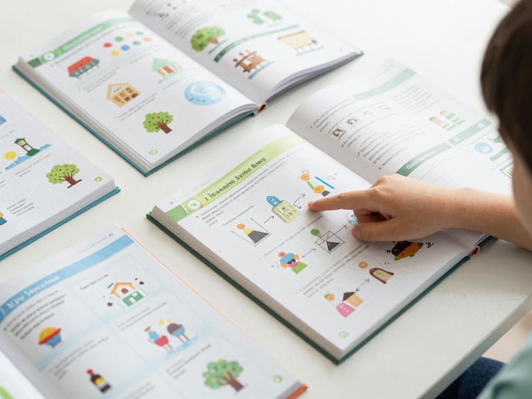 Overhead flatlay of modern schoolbooks and colorful visual summaries for Islamic studies, with a child's hand pointing at a diagram, natural daylight, soft green and blue tones.