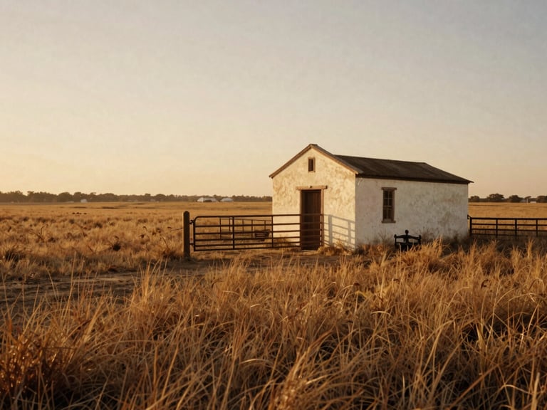 Wide panoramic view of a historic Texas ranch gate at golden hour, native grasses in the foreground, soft warm light, medium format film style.