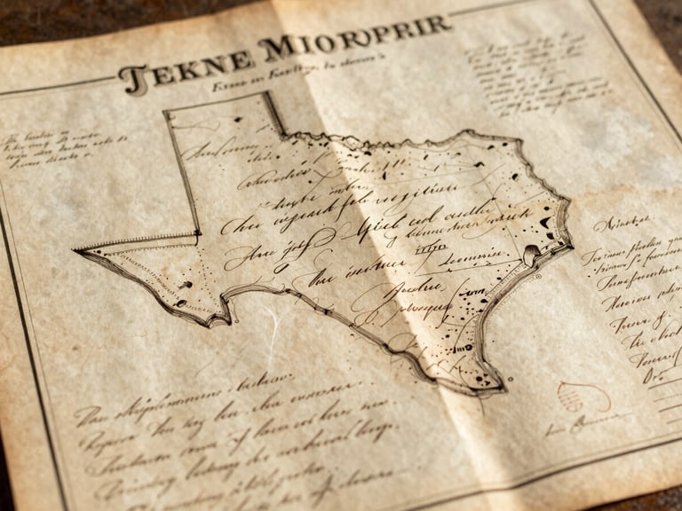 A close-up of a weathered 19th-century Texas land deed and hand-drawn archival survey map, detailed calligraphy, sepia tones, warm natural side light.