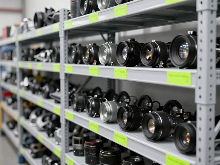 Clean, organized warehouse shelving with rows of tested car parts, bright clinical lighting, metallic textures and neon green labels, sharp focus, 35mm lens