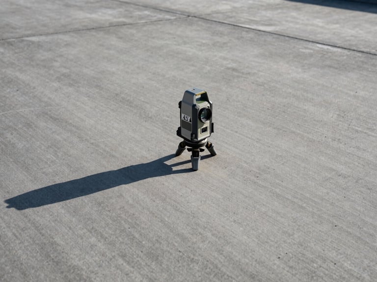 Wide shot of a laser level on a tripod on a large concrete slab, morning sun, sharp focus on the level and the smooth concrete surface, deep slate and raw gray tones, 35mm lens