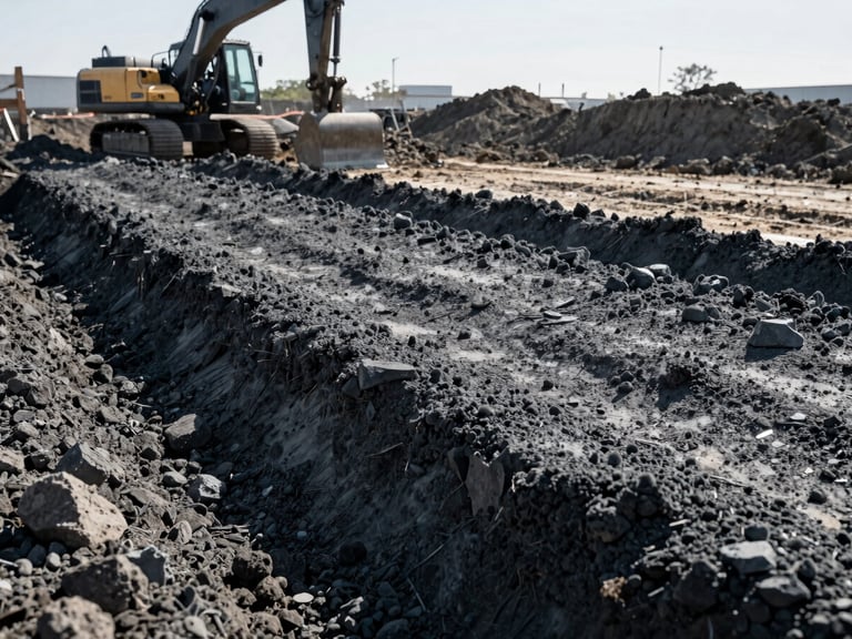 Low-angle shot of a freshly excavated subgrade, compact soil, with construction equipment in the background, high contrast morning sun, deep slate and raw gray tones, sharp focus, 35mm lens