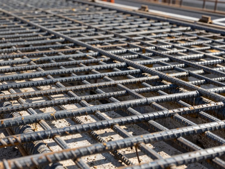 Close-up of tightly tied rebar grid on a commercial construction site, morning sun casting sharp shadows, deep slate and raw gray tones, sharp focus, 35mm lens