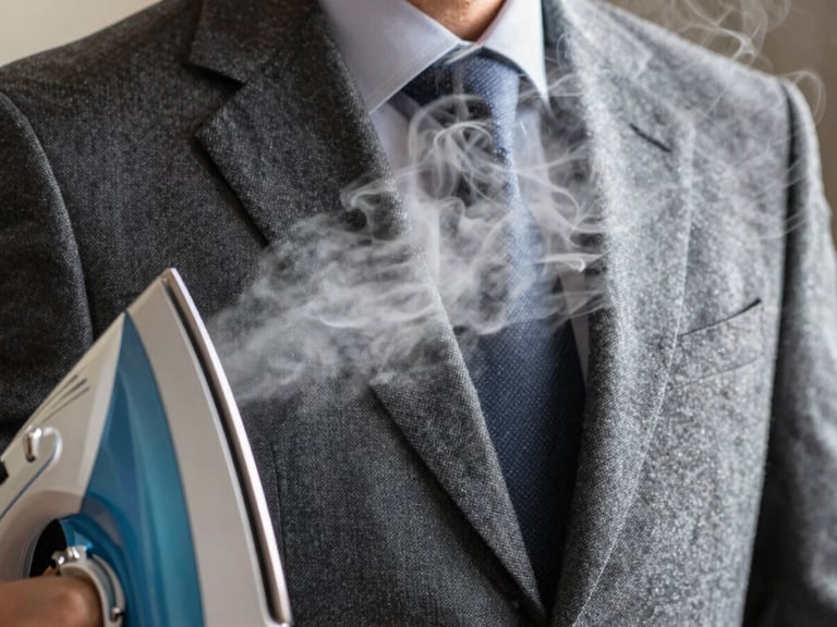 Close-up of steam rising elegantly from a professional iron onto a perfectly tailored wool jacket, soft lighting highlighting fabric texture.