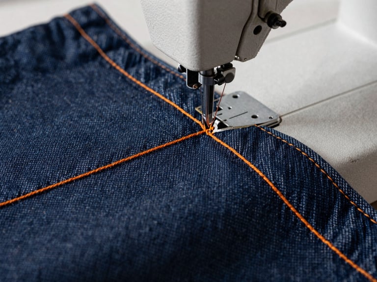 Extreme close-up of heavy dark indigo denim fabric being stitched with thick orange thread on an industrial sewing machine, soft side lighting highlighting the diagonal weave of the textile.