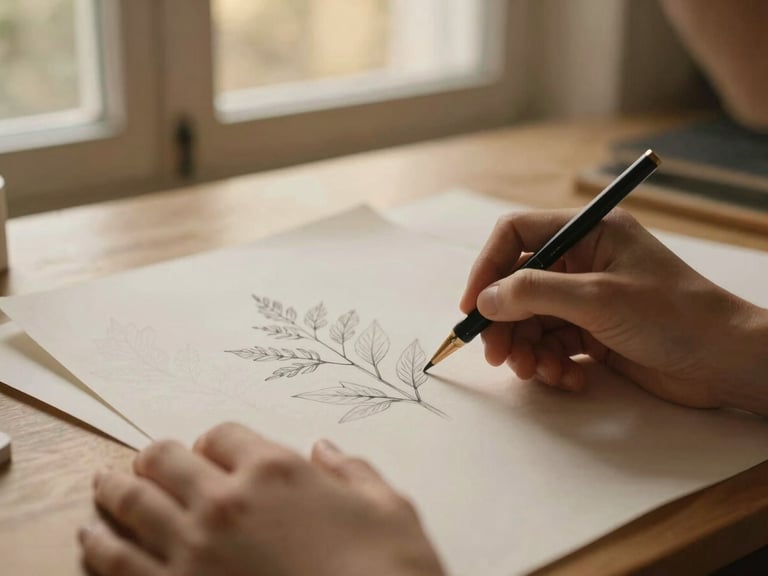 Hands sketching delicate botanical illustrations on heavy cotton paper, warm diffused studio light