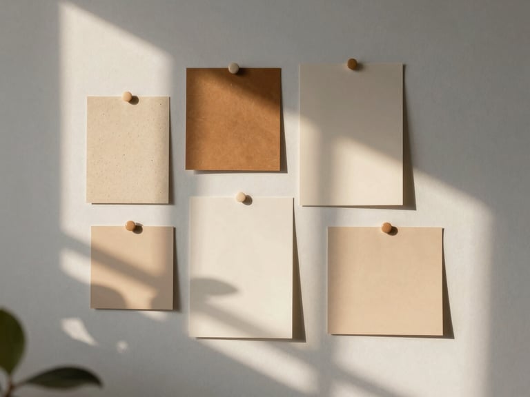A curated moodboard pinned to a soft moon gray studio wall, featuring natural textures, color swatches, and leaf shadows