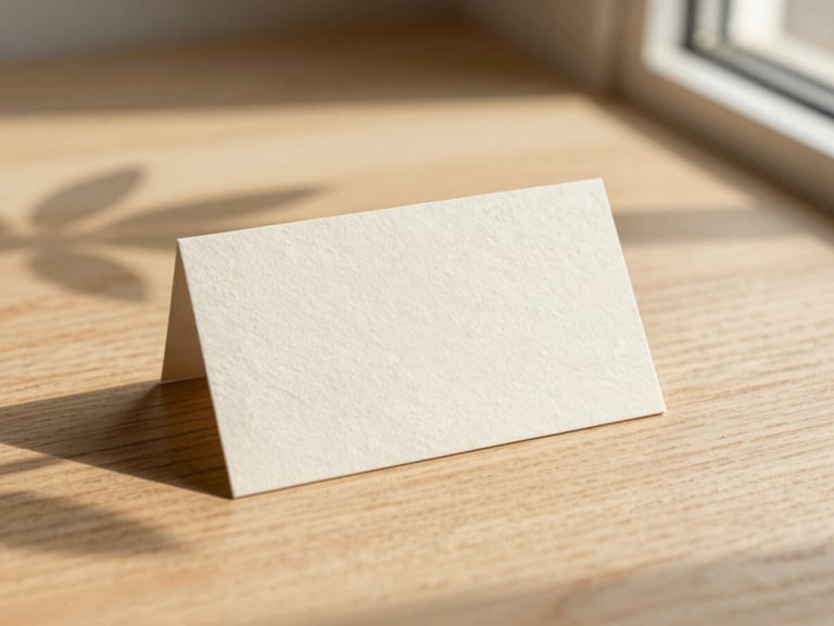 A textured paper mockup of a business card resting on a natural light oak wood surface, soft leaf shadows cast across the scene, warm golden-hour window light, 35mm