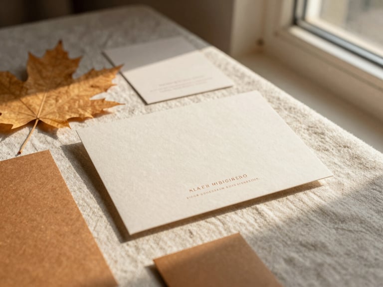 An elegant brand identity layout on raw linen fabric, featuring warm maple amber accents and minimalist typography, soft shadows