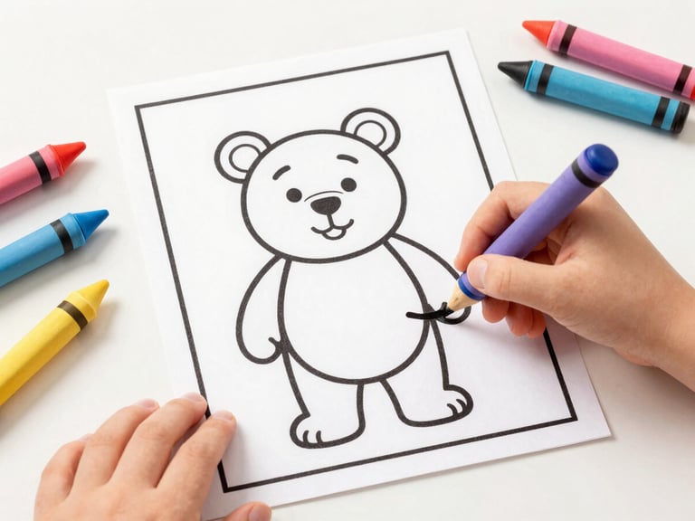 Bright flat-lay of a child's hands coloring a Barnaby the bear coloring page with colorful crayons, clean claymation aesthetic, cheerful studio lighting, soft shadows.