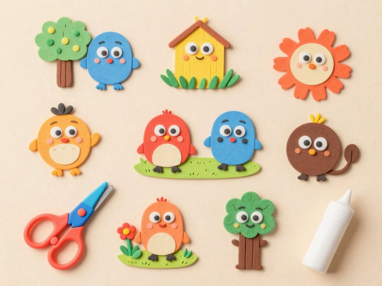 Flat-lay of various colorful paper craft cutouts featuring Barnaby's Backyard characters, child-safe scissors, and glue stick on a pastel background, bright studio lighting, clean claymation aesthetic.