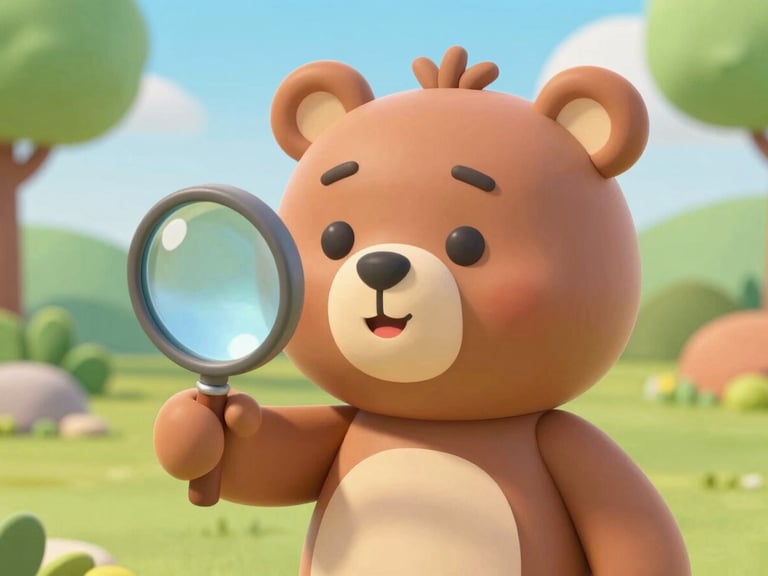 Eye-level medium shot of Barnaby the bear character illustration holding a magnifying glass, in a cheerful, bright backyard setting, soft shadows, vibrant 3D digital illustration.