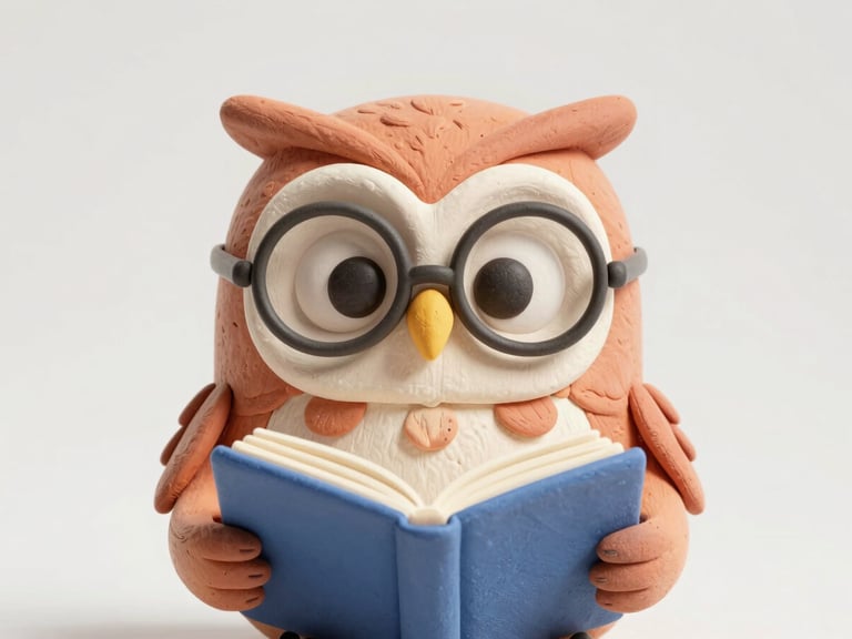 Penelope the Owl, a cheerful 3D animated character, wearing small spectacles, holding an open storybook, thoughtful expression, bright soft lighting, clean claymation aesthetic
