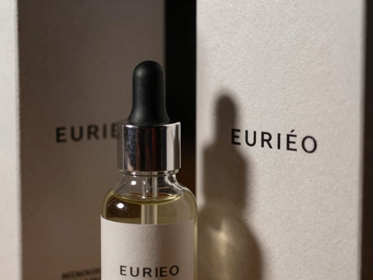 Macro close-up of luxury cosmetic glass bottles with minimalist typography, soft dramatic studio shadows, embossed paper box packaging beside it.
