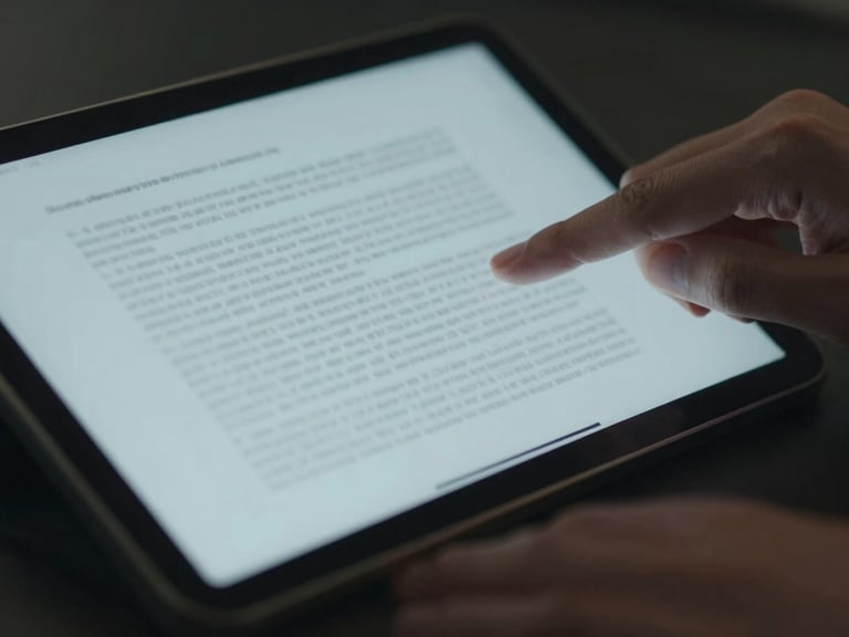 Close-up of a secure, encrypted tablet displaying a blurred document, with a professional's hands carefully reviewing it, cinematic editorial photography, low-key lighting, muted navy and charcoal tones, sharp focus, professional and discreet atmosphere, 35mm