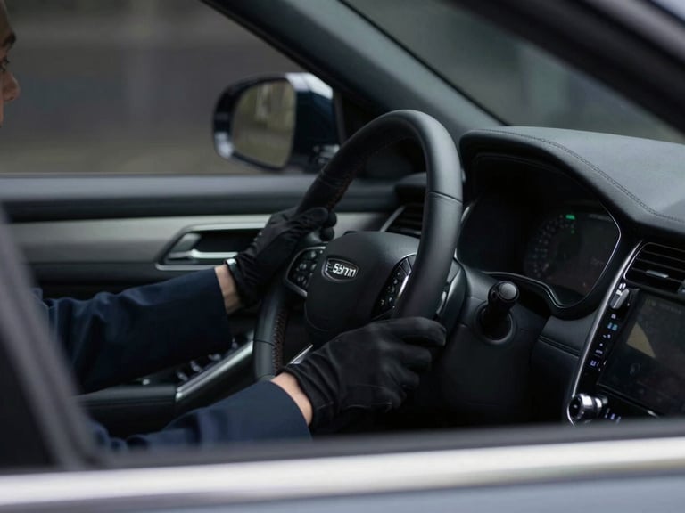 Interior shot of a luxurious, dark-tinted SUV, focusing on the steering wheel and dashboard, with a glimpse of an operative's gloved hand on the wheel, cinematic editorial photography, low-key lighting, muted navy and charcoal tones, sharp focus, professional and discreet atmosphere, 35mm