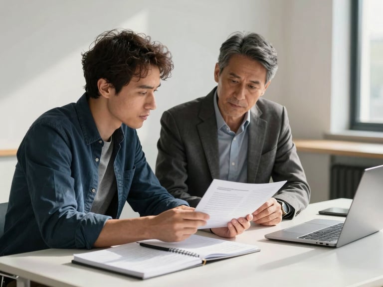 Medium shot of a creator and a strategist seated side by side at a wide desk, reviewing a printed creative brief together under north-facing daylight, notebooks and a laptop open, both looking at the same page