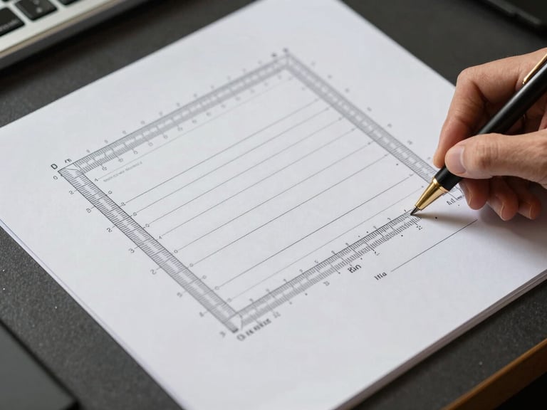 Tightly cropped overhead view of a measurement framework document on a dark desk, a hand writing margin notes with a gold pen, crisp studio light casting clean shadows across the printed page