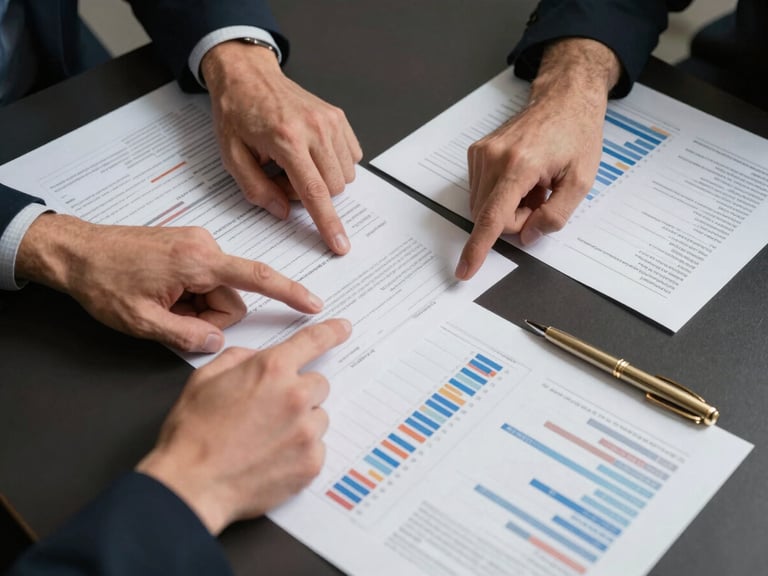 Close overhead shot of a strategy session table, two sets of hands pointing at printed audience analytics documents under crisp studio light, dark surface with a single gold pen resting on the edge of the frame