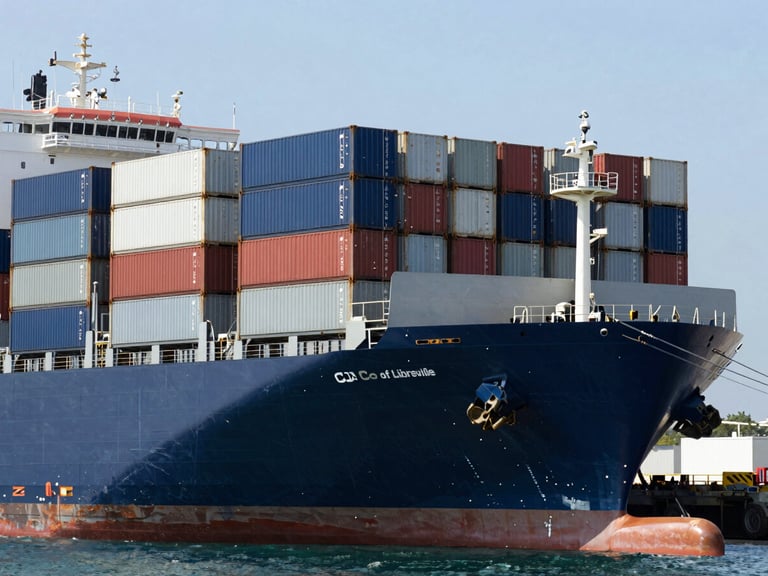 Crisp corporate logistics photography in bright daylight, a large container ship docked at the Port of Libreville, deep navy and steel tones, sharp focus, 35mm.