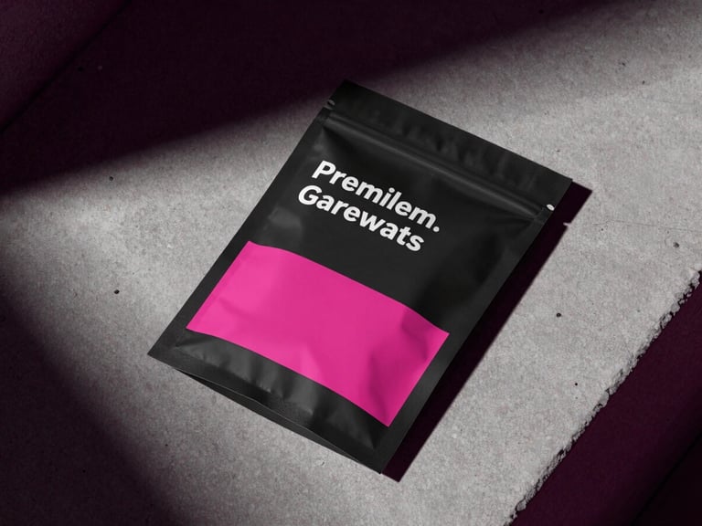 Premium agricultural seed packaging mockup on a clean concrete surface, dramatic neon pink light casting sharp shadows, high-contrast dark tones, 35mm photography
