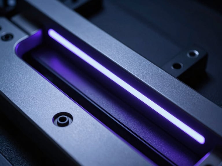 Sleek industrial metal components close-up, cold blue and violet gel lighting, high contrast, sharp focus, technical professional aesthetic