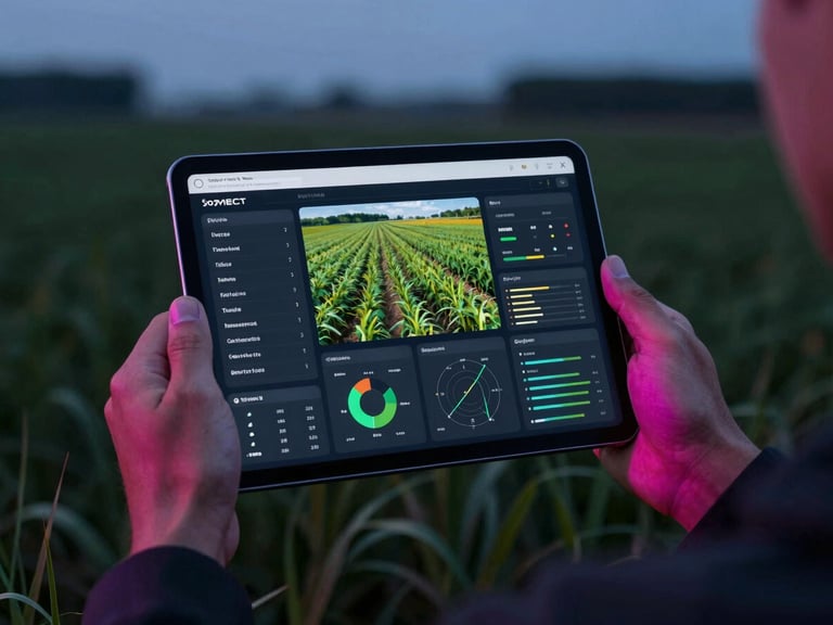 Modern tablet showing complex agricultural data dashboard, hands of a farmer holding the device in a field at dusk, cold ambient lighting with magenta accents
