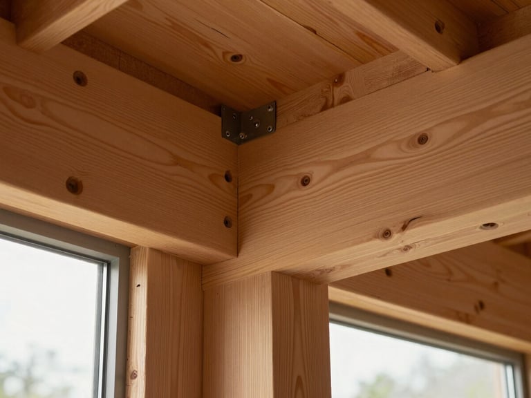 Close architectural detail of heavy timber ridge beam connection and engineered LVL header in a new residential frame — tight grain of spruce visible, steel connector hardware, diffused afternoon window light casting quiet shadow lines across the structural joint, no people
