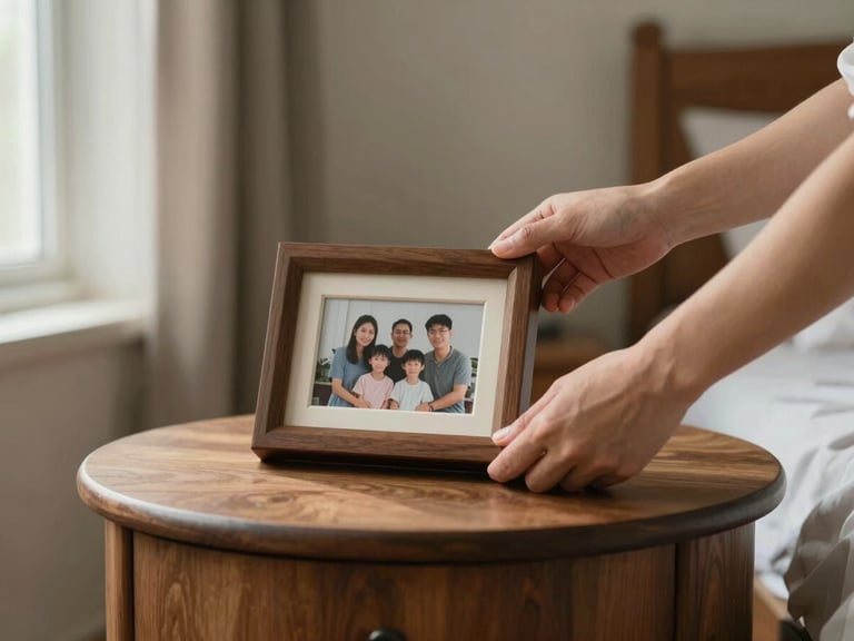 Close-up of a pair of hands carefully placing a small framed family photograph on a wooden side table in a softly lit bedroom, natural window light from the left, warm tones, calm and deliberate composition