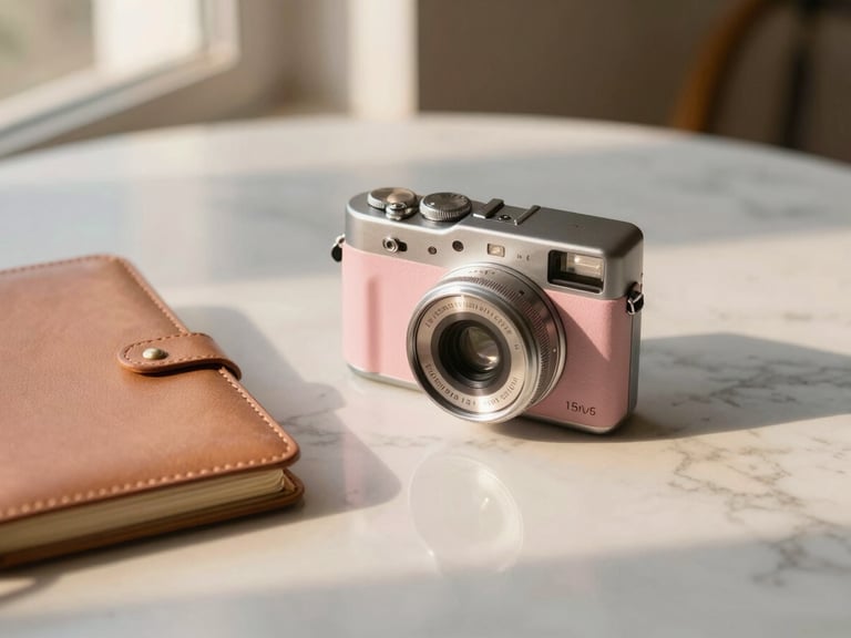 A vintage-style compact camera sitting next to a leather notebook on a marble table, warm golden-hour shadow, 35mm.