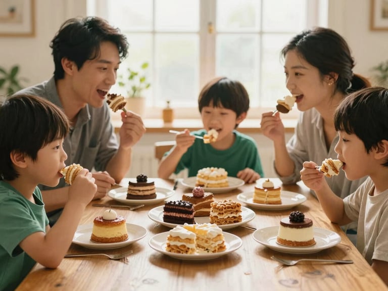A family happily eating healthy desserts together, warm lighting, showing joy and simplicity, warm editorial food photography, 35mm