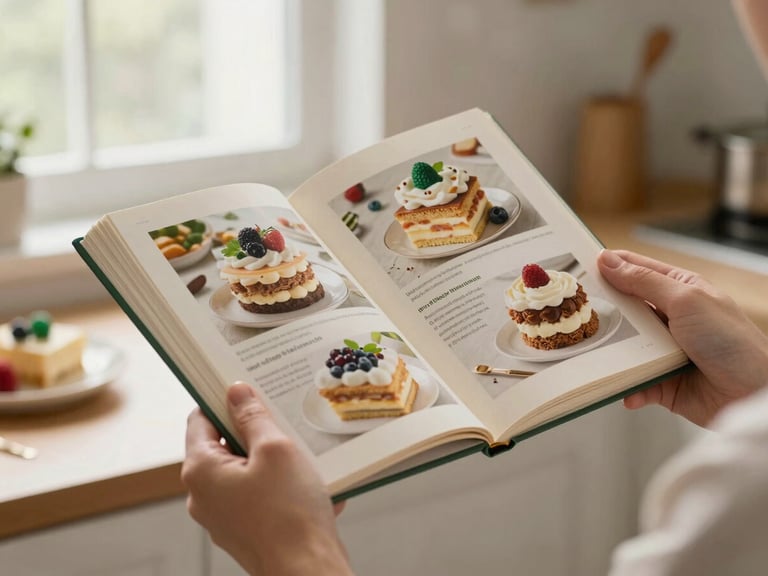 Hands holding an open ebook with a healthy dessert recipe, bright kitchen light, focus on accessibility, warm editorial food photography, 35mm
