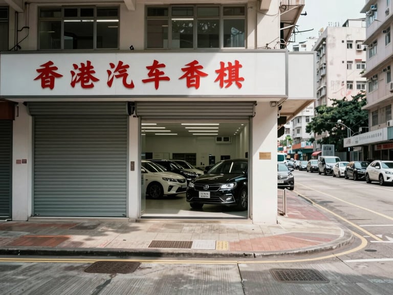 Wide panoramic street-level photograph of a Hong Kong car dealership shopfront in Cheung Sha Wan, taken from the pavement directly facing the entrance — roll-up metal gate half-open, a row of vehicles visible inside the showroom floor, Chinese signage above the door, overcast Hong Kong daylight, sharp shadows on the concrete, no people, full-width environmental framing with the signage in the left third and open road to the right